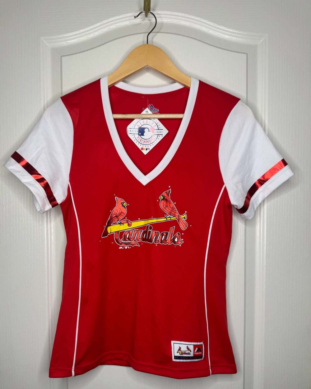 St. Louis Cardinals Majestic Women’s Small Jersey Style V-Neck Shirt NWT MLB